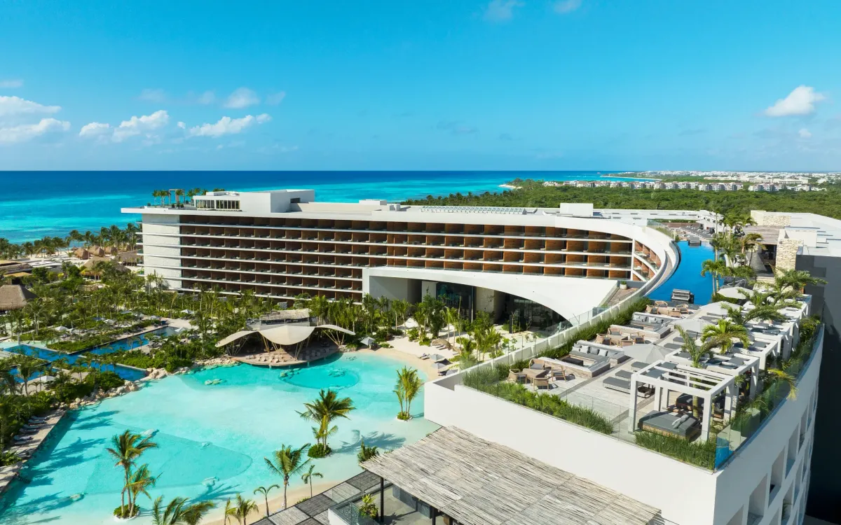 Aerial view of the pools and tropical grounds at Ultra Luxury Moxché Playa del Carmen